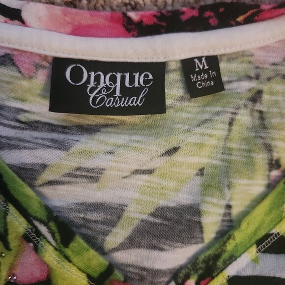 Onque Casual Floral and Zebra Print Top with Rhinestones Size M - Picture 2 of 9